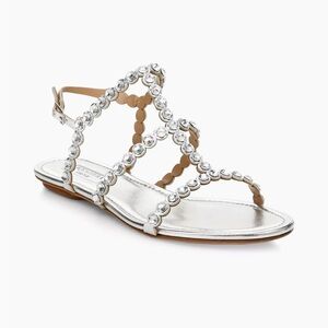 Aquazzura Women’s Tequila Crystal-Embellished Silver Leather Flat Sandals